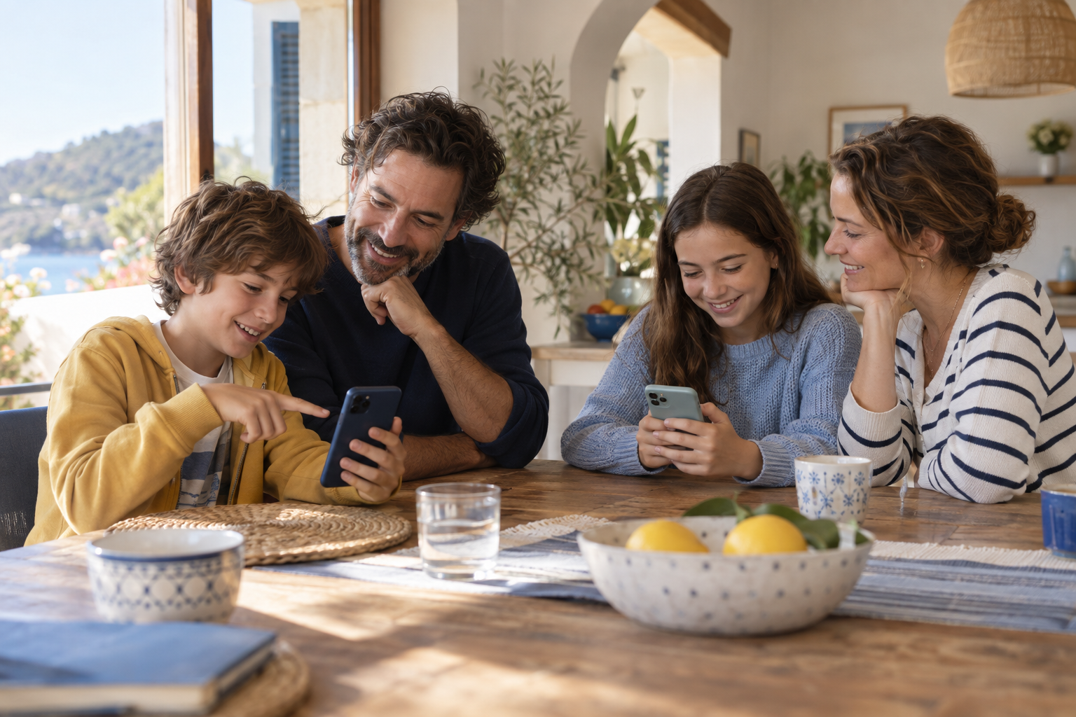 Illustratief sfeerbeeld van ouders en kinderen die samen leren met smartphones
